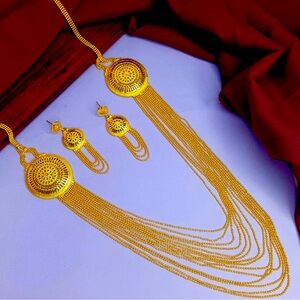 Gold Tone Indian Jewelry Set Dubai Style Necklace Multilayer Earrings 22k plated